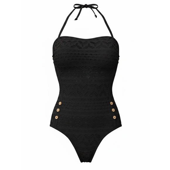 Choice by Bluewave Other - Choice by Bluewave Black Crochet Lace One Piece Swimsuit Halter Button Detail L